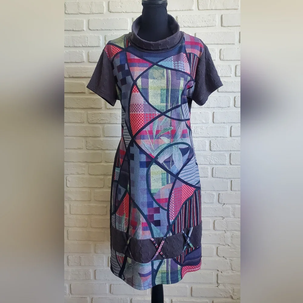 Smash! Abstract Patchwork Midi Cowl Neck Sweater Dress Short Sleeves Boho Hippie - Picture 1 of 16